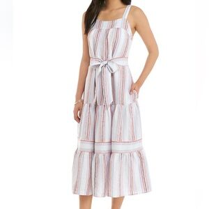 Crown & Ivy PM sleeveless tiered midi dress square neck lined striped patriotic